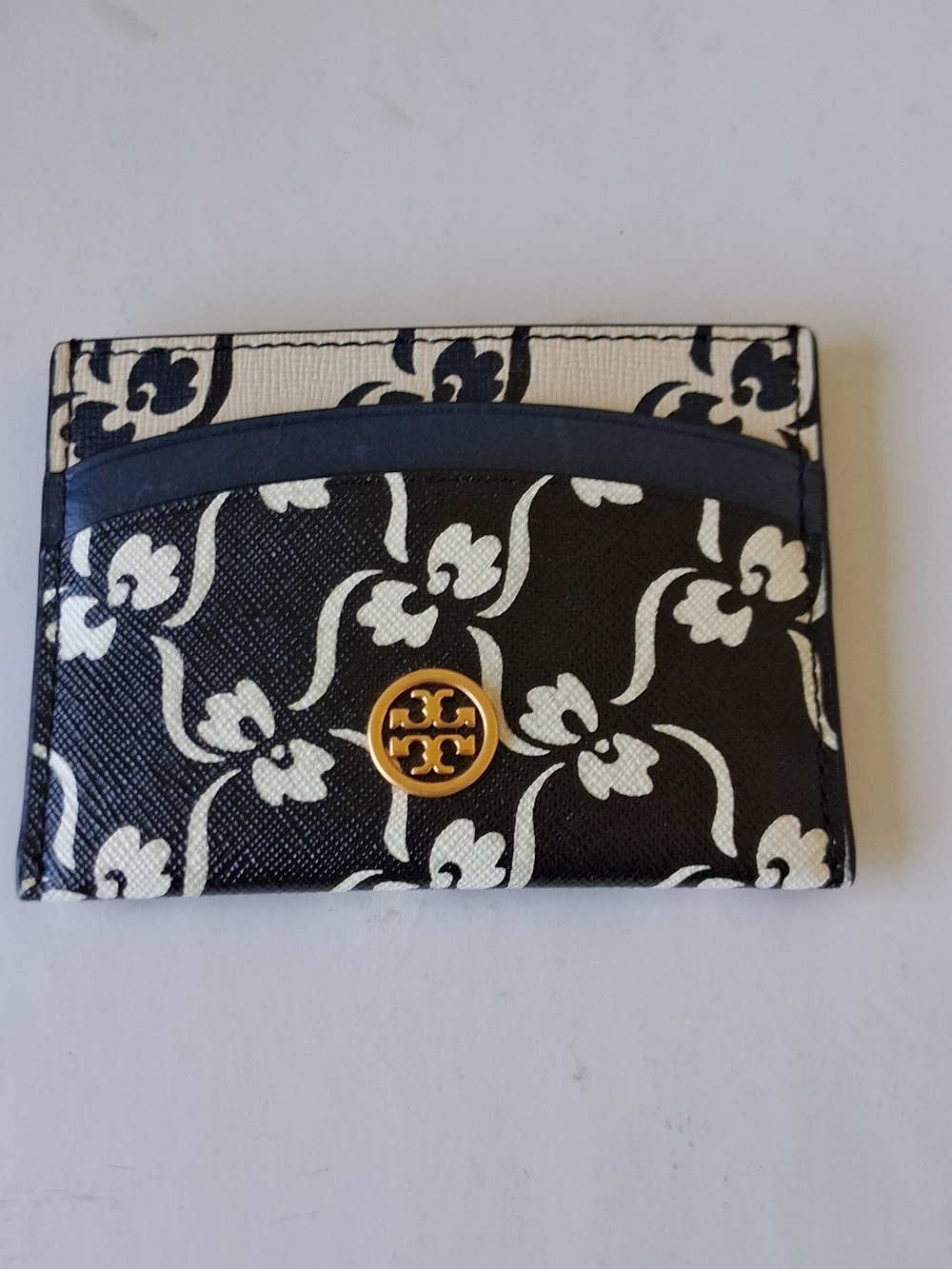 Tory Burch Black & White Floral Logo Card Holder with Gold Emblem